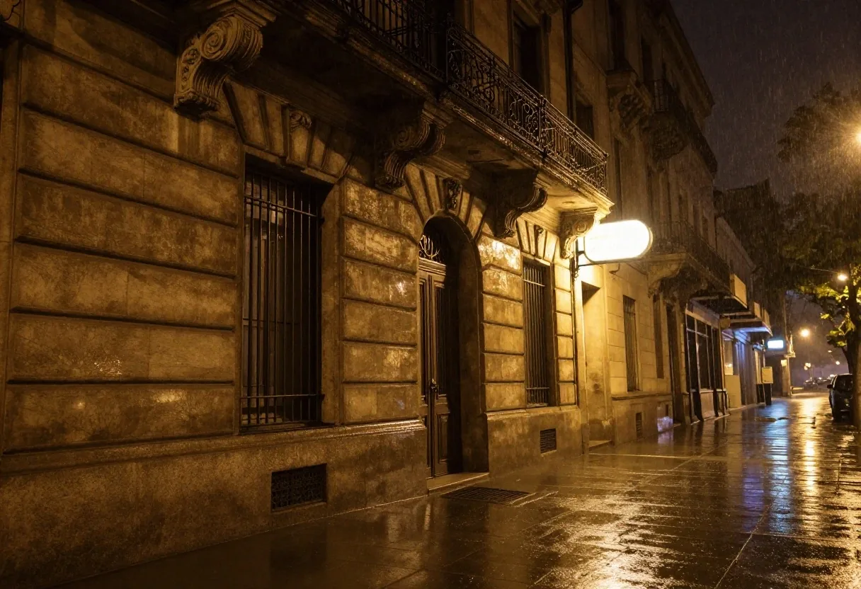 Detalle de cornisa de piedra y cartel urbano bajo la lluvia nocturna