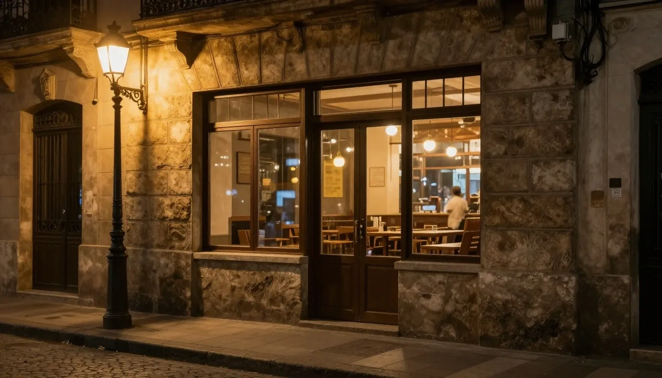 Fachada de piedra iluminada de noche en el centro porteño