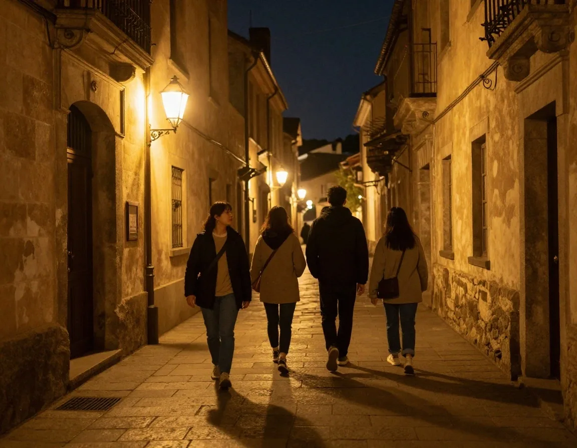Guía con farol acompañando a un grupo pequeño por una vereda iluminada
