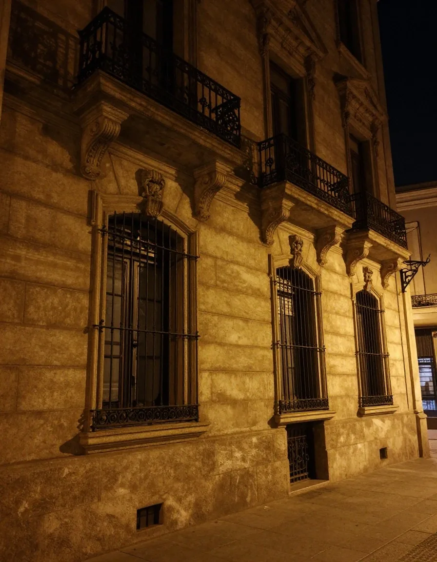 Balcones de piedra y cornisa recortados contra el cielo nocturno