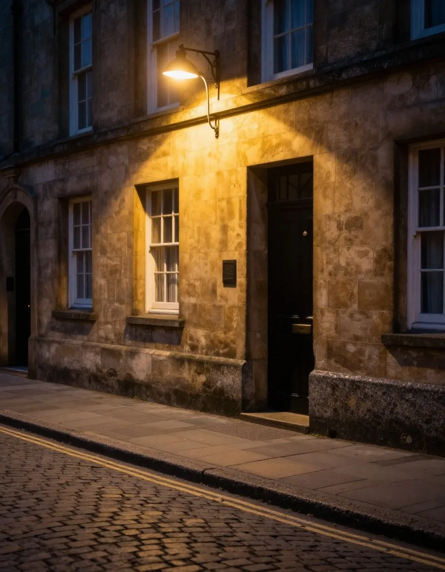 Basamento de granito oscuro y paño claro iluminados de noche