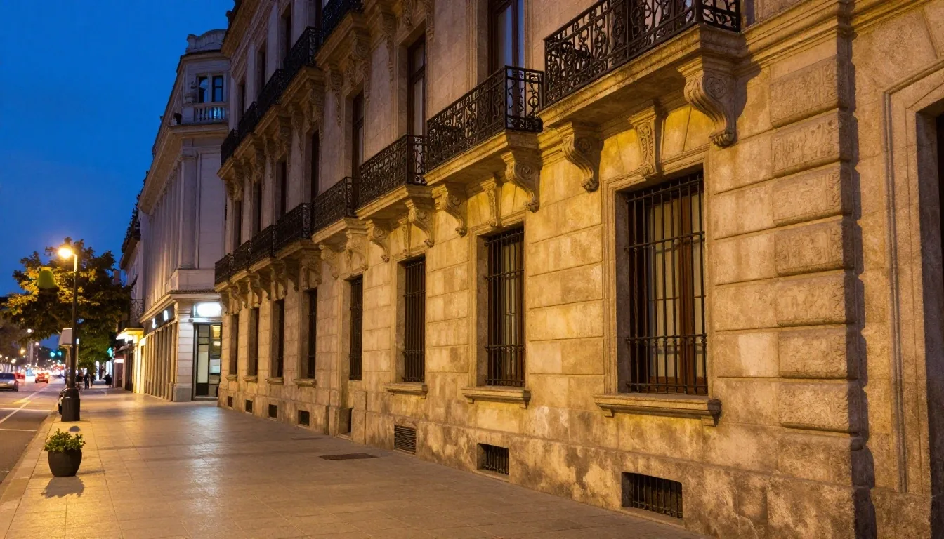 Fachada de piedra iluminada en Avenida de Mayo de noche