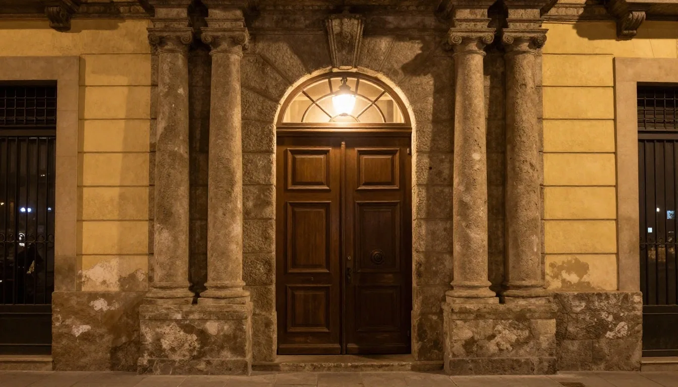 Portal profundo de piedra en Avenida de Mayo de noche