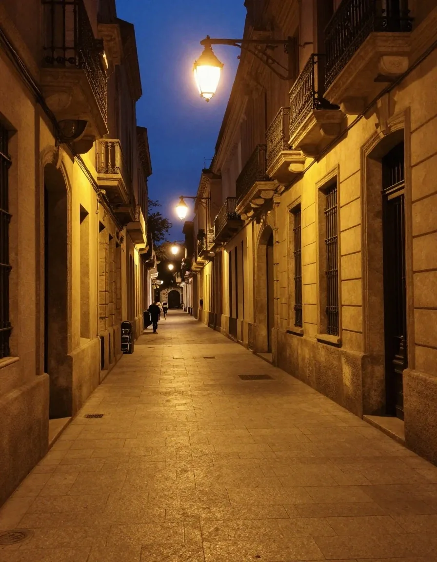 Balcón y portal de piedra de noche con farol encendido
