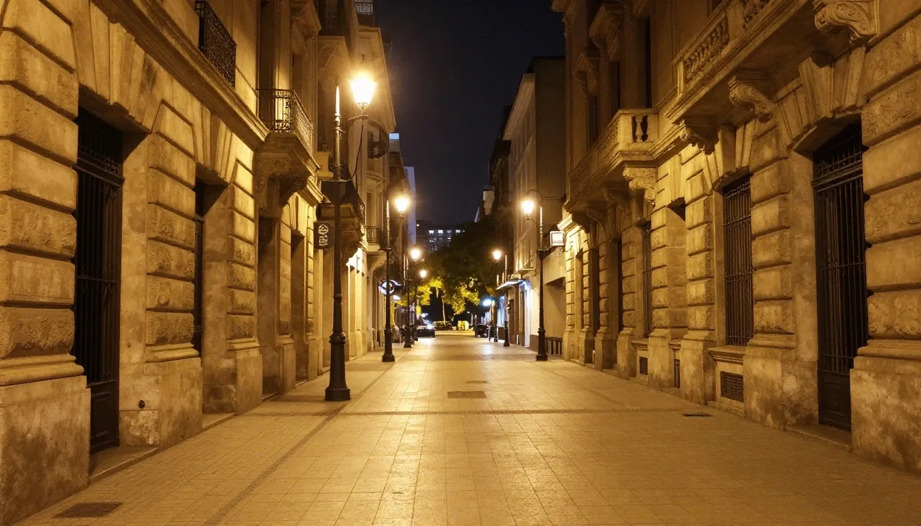 Esquina del centro porteño con piedra iluminada y señal luminosa