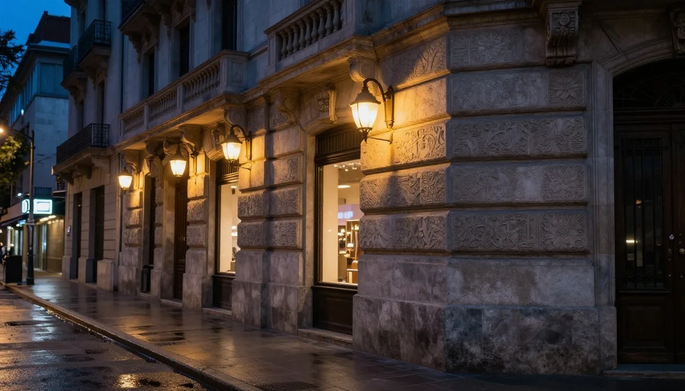 Fachada de piedra iluminada de noche en Avenida de Mayo