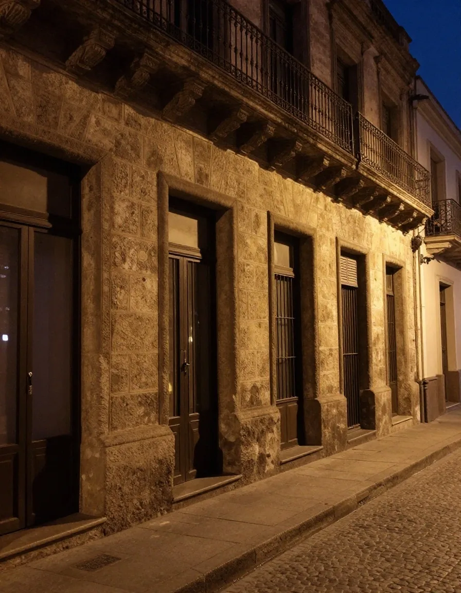 Portal de piedra con luz lateral cálida de noche