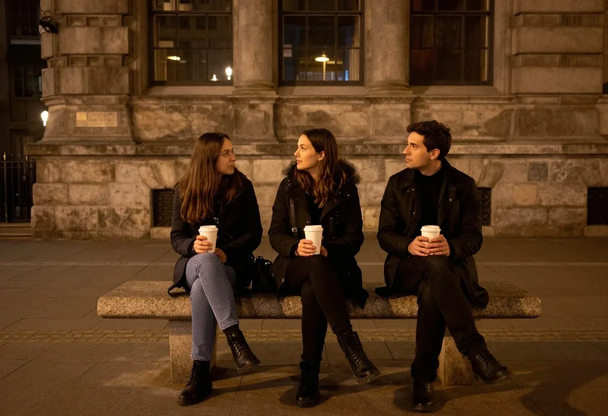 Caminantes descansando con café en plaza iluminada del centro