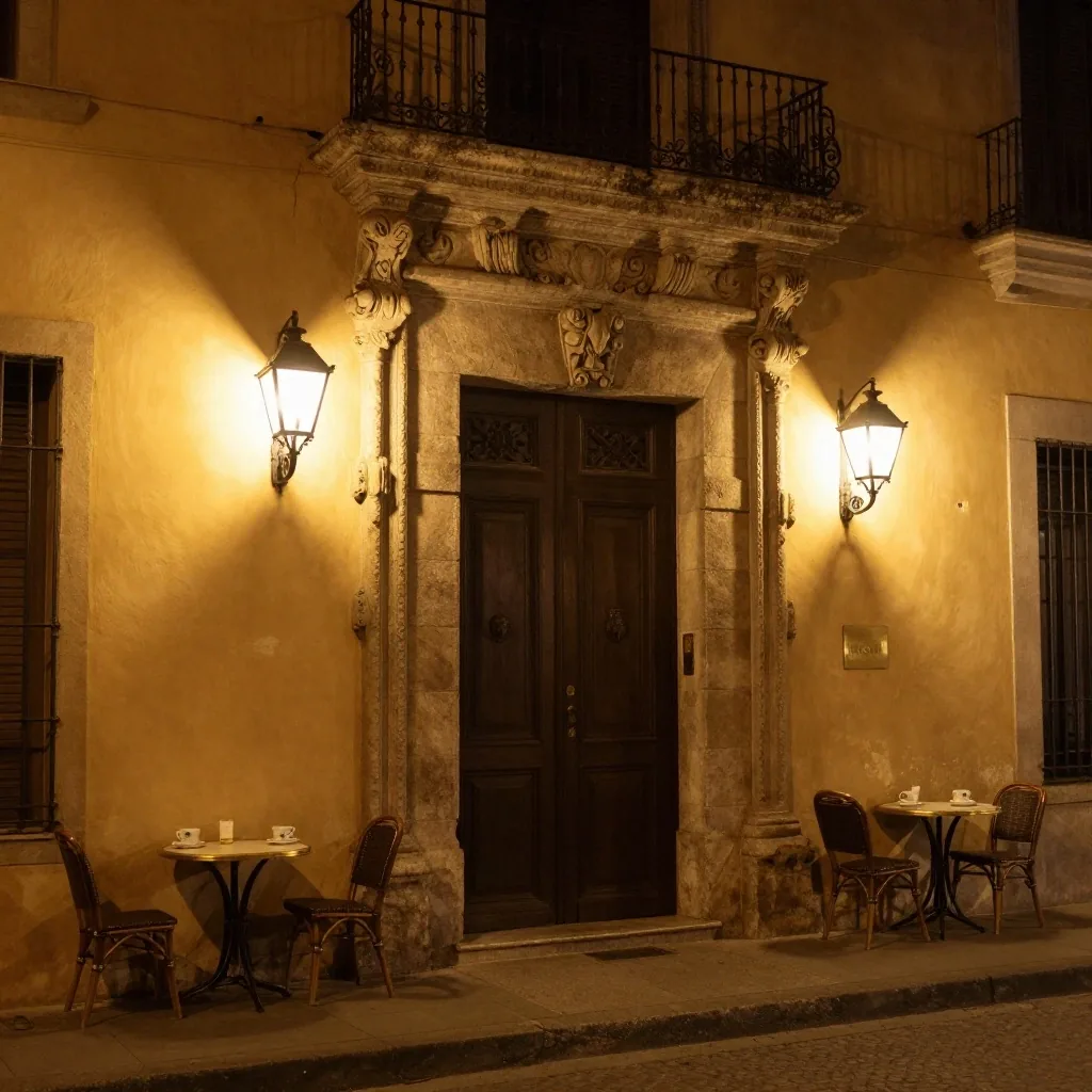 Cornisa tallada y farol sobre puerta histórica de noche