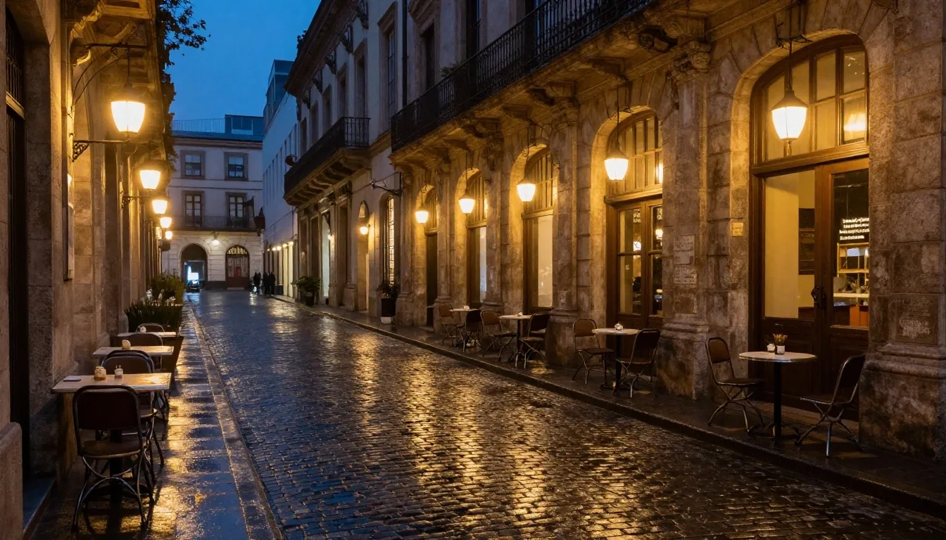 Fachada de piedra con café iluminado en el centro de Buenos Aires de noche
