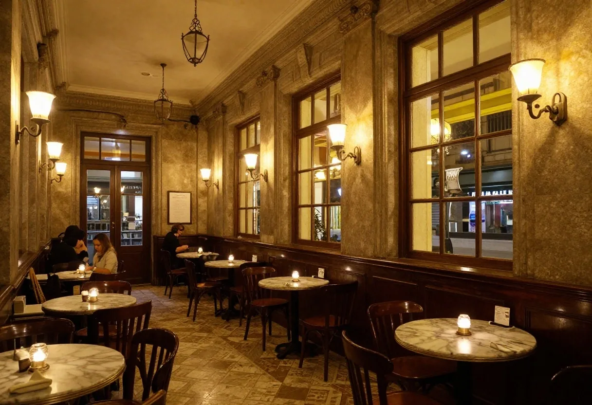 Interior de café histórico sobre Avenida de Mayo de noche
