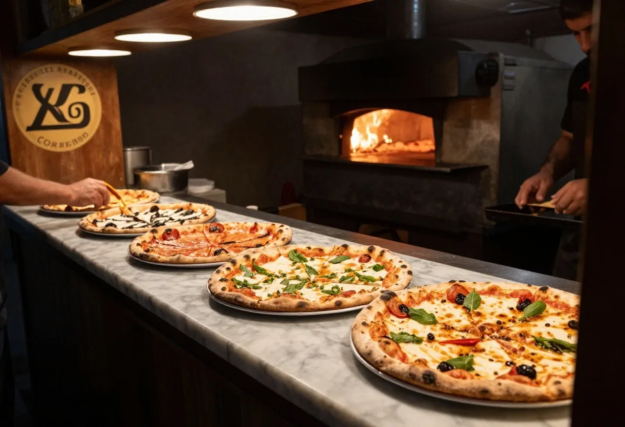 Mostrador de pizzería tradicional sobre Corrientes de noche