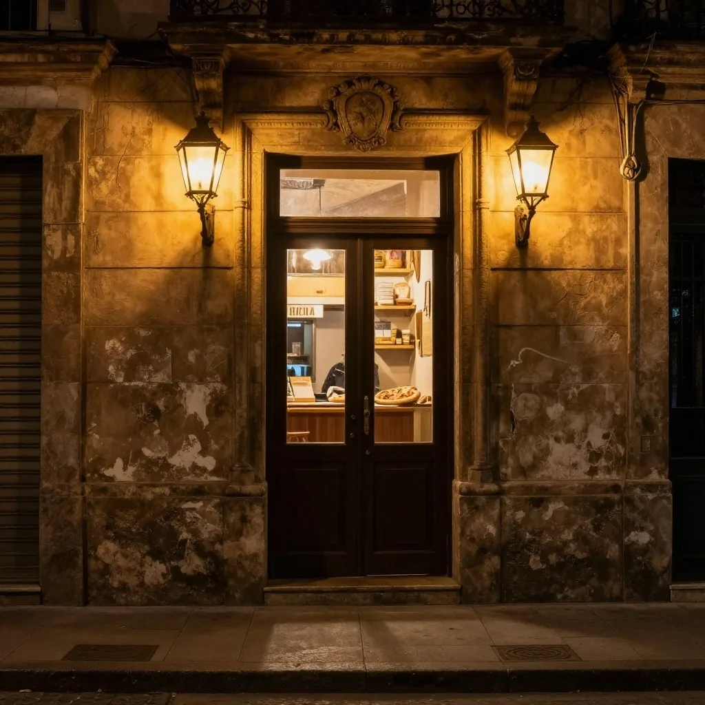 Cartel antiguo y farol en puerta de noche