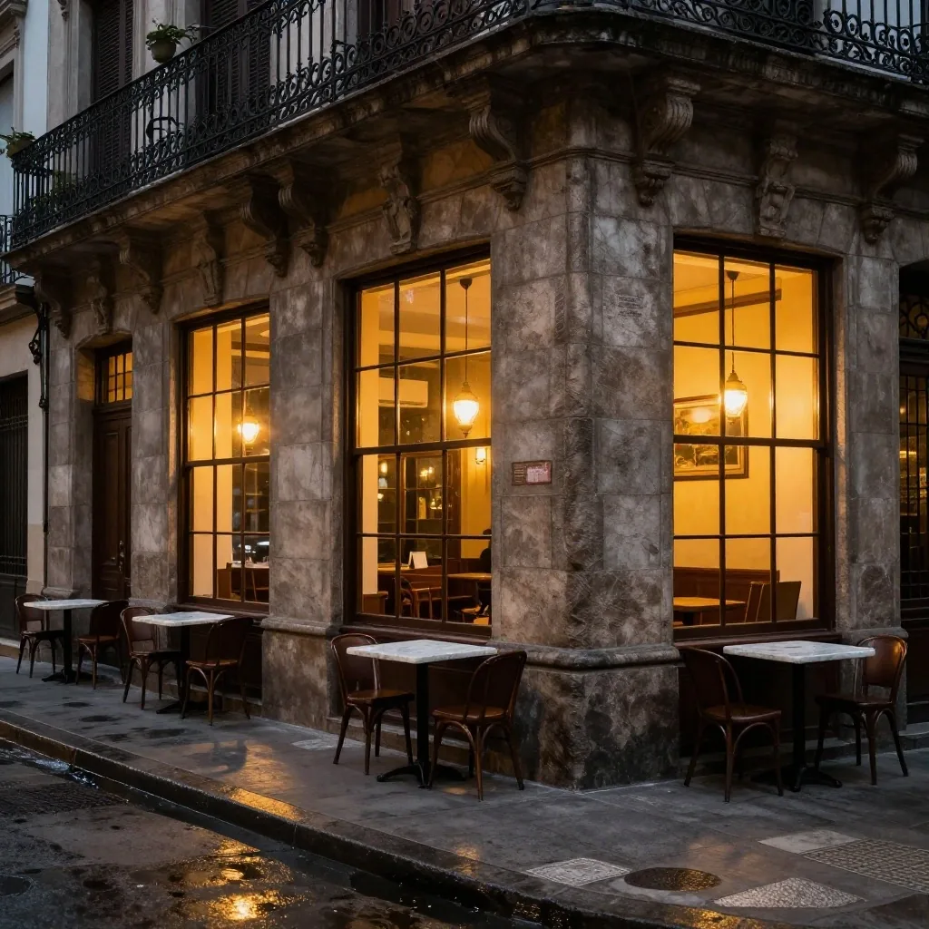 Esquina del centro de noche con reflejos en vereda