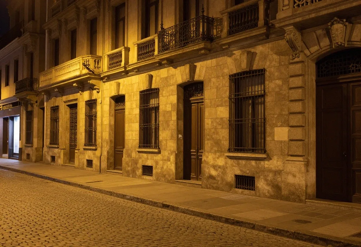 Esquina iluminada con placa de calle en el centro