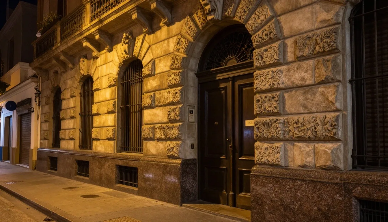 Fachada de piedra iluminada de noche en Buenos Aires