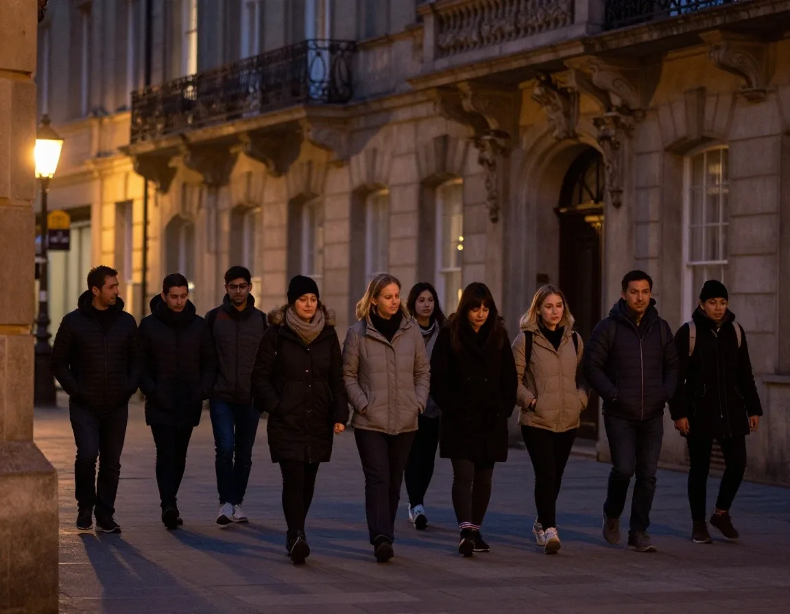 Grupo pequeño en caminata nocturna guiada por vereda iluminada