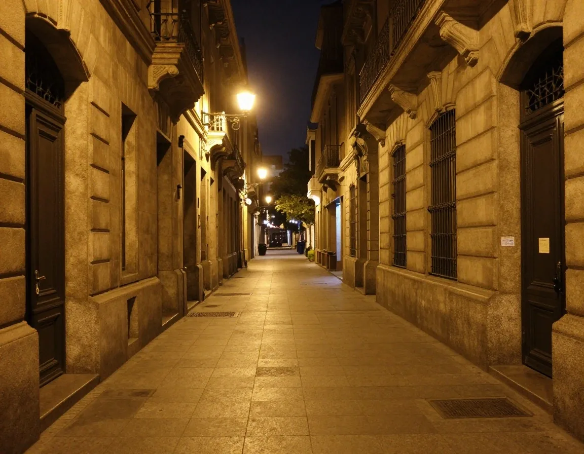Basamento de granito y portal iluminado en Avenida de Mayo