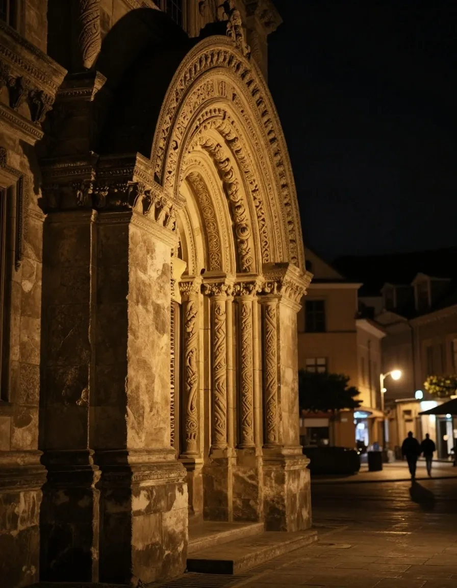 Cornisa de piedra tallada con luz cálida