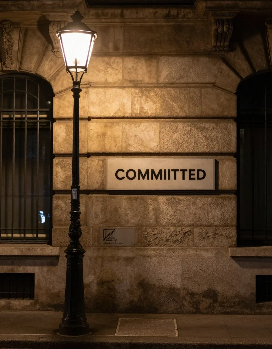 Esquina del centro con toldos iluminados y fachadas de piedra