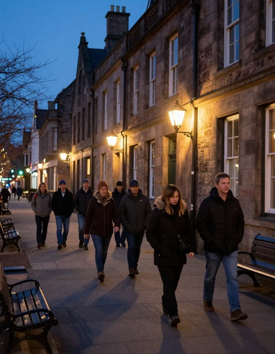 Grupo pequeño caminando con guía por una vereda iluminada del centro