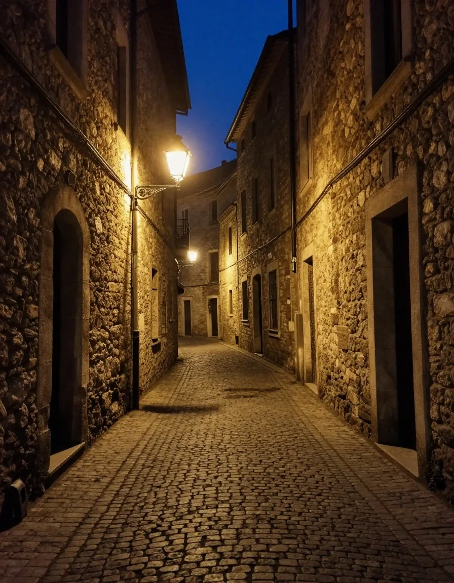 Placa de esquina sobre muro de piedra de noche