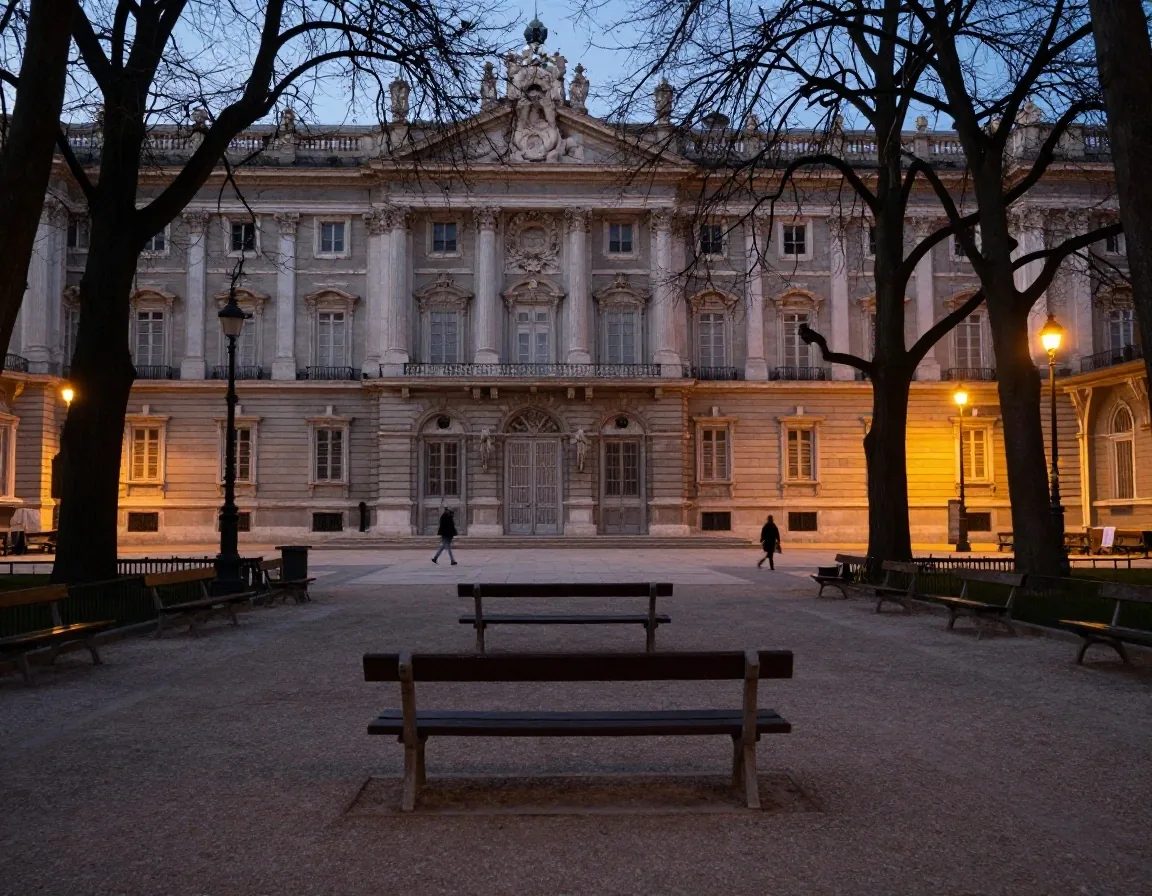 Plaza Lavalle y palacio de piedra clara al atardecer