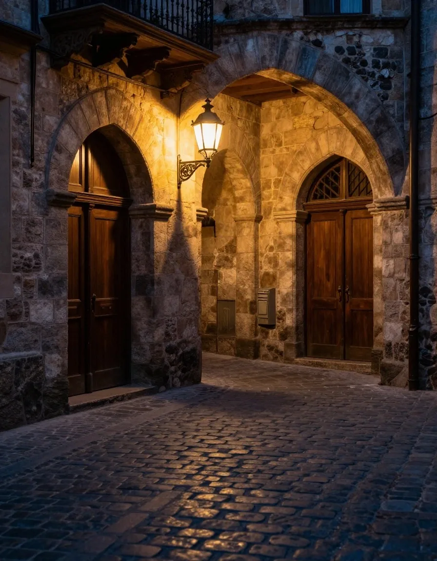 Puerta antigua con farol junto a arco de piedra
