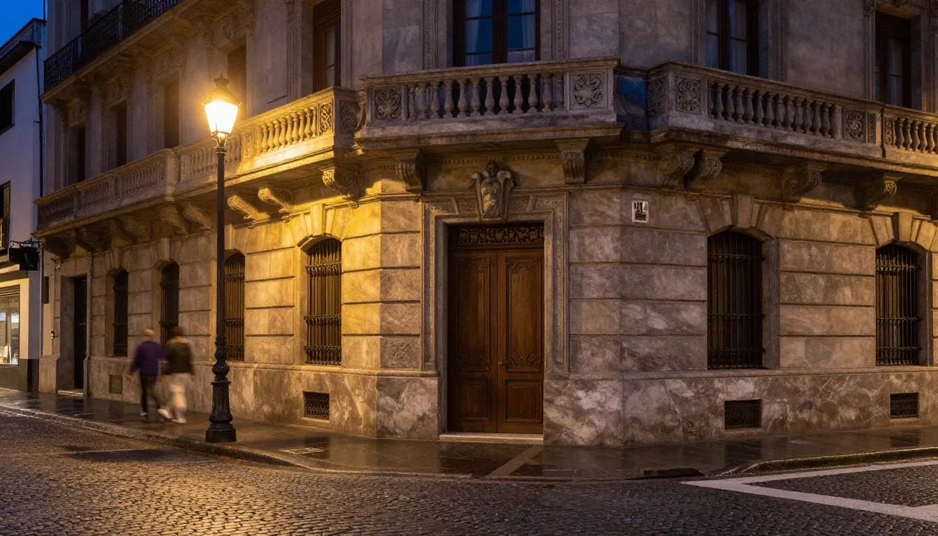 Fachada de piedra iluminada en el centro de Buenos Aires de noche