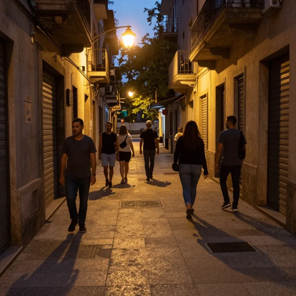 Grupo compacto caminando por vereda residencial de noche