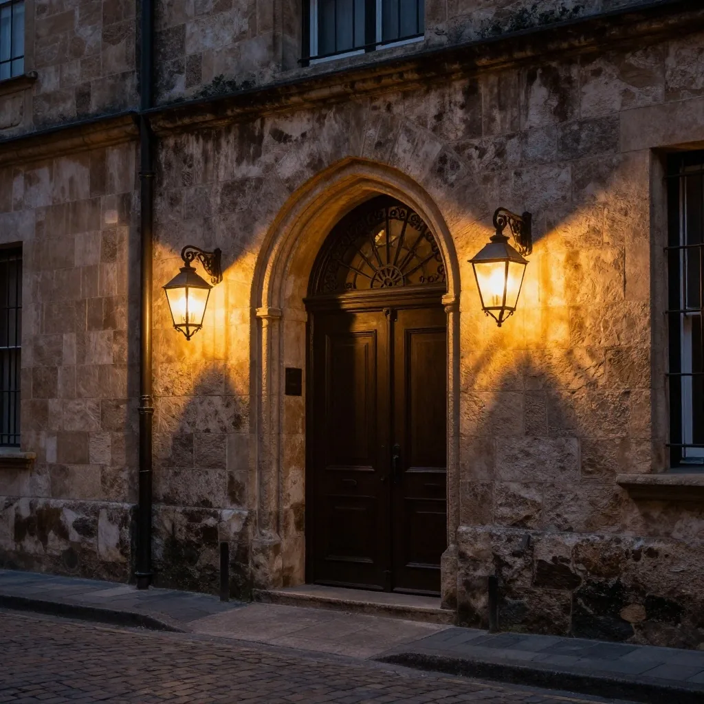 Farol encendido sobre muro de piedra en una entrada del centro