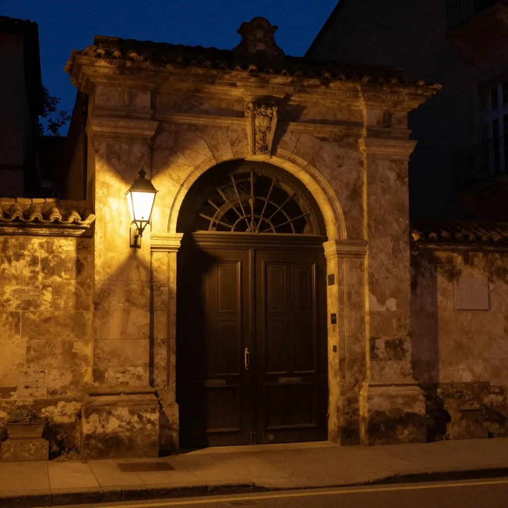 Portal de piedra con farol encendido en una calle del centro