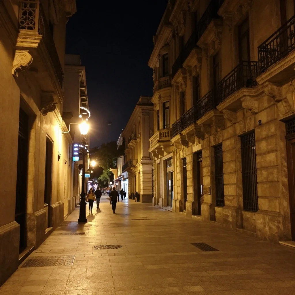 Avenida Corrientes de noche con marquesinas iluminadas