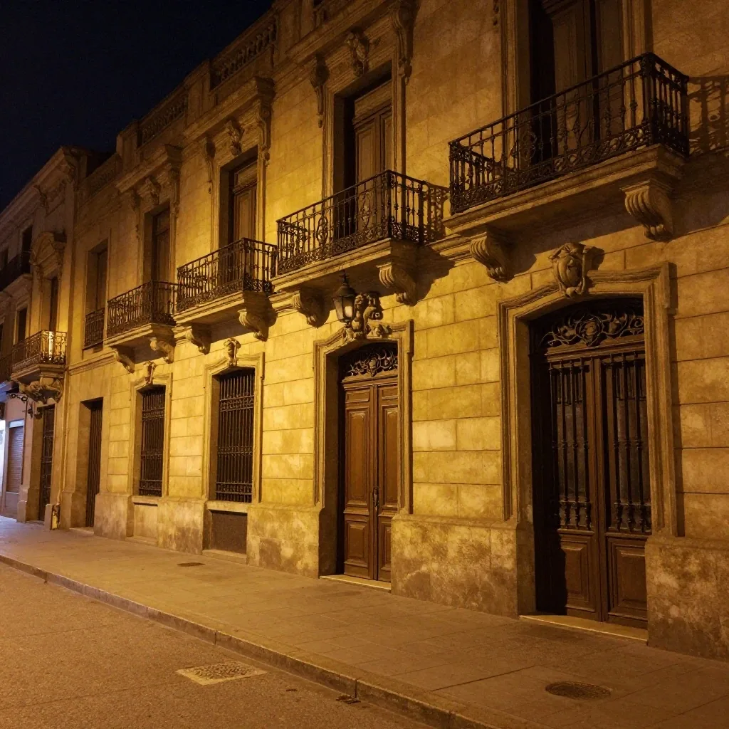 Balcones y portales de piedra en Bartolomé Mitre de noche