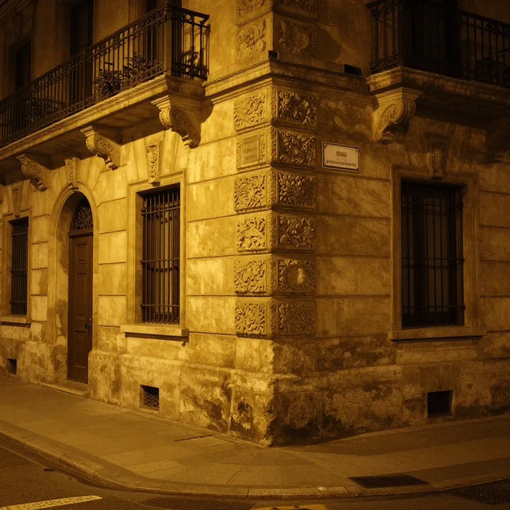 Detalle de cornisa de piedra y señal urbana de noche