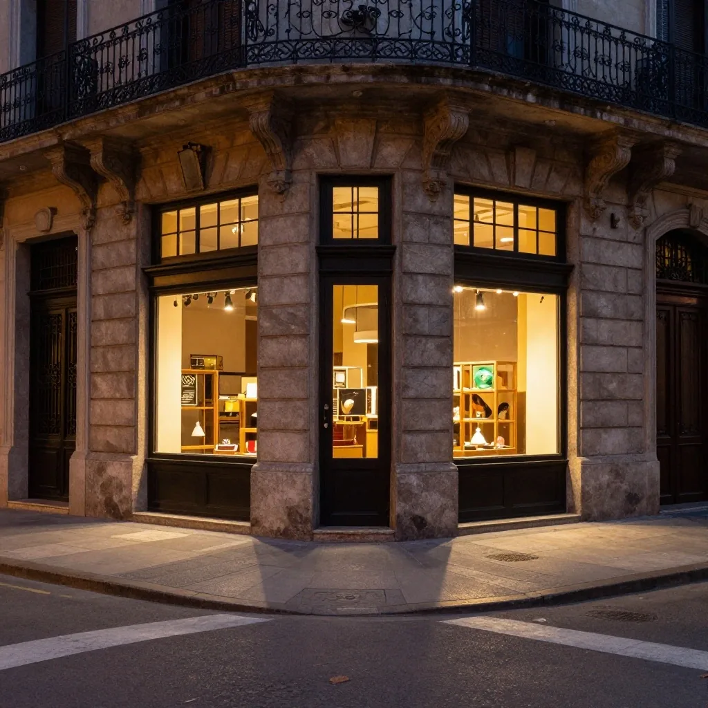 Esquina nocturna del centro con vidrieras iluminadas