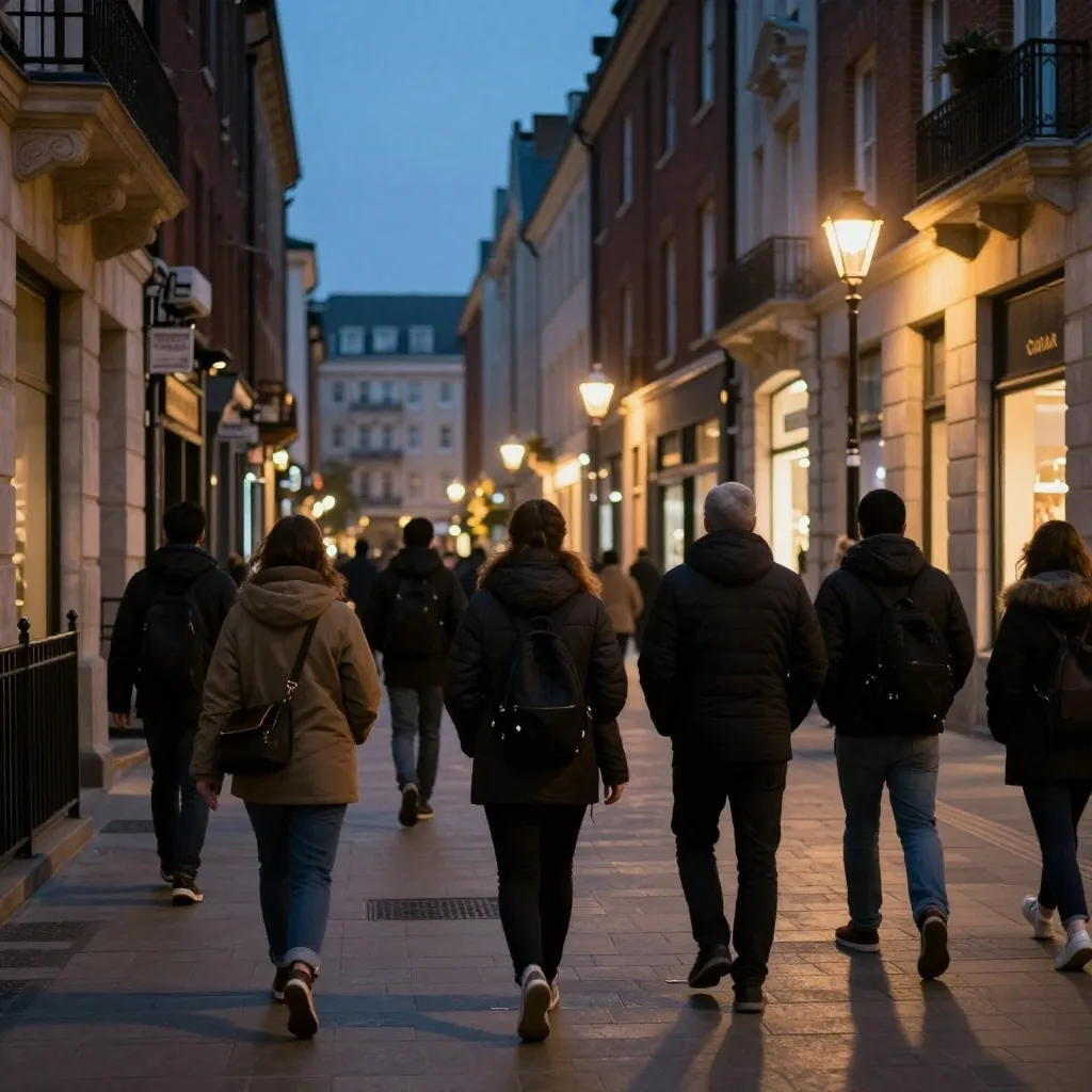 Grupo pequeño caminando con guía de noche por vereda iluminada