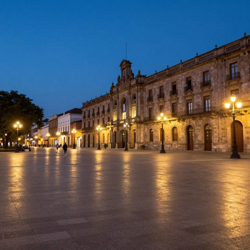 Plaza de Mayo de noche con fachadas de piedra iluminadas