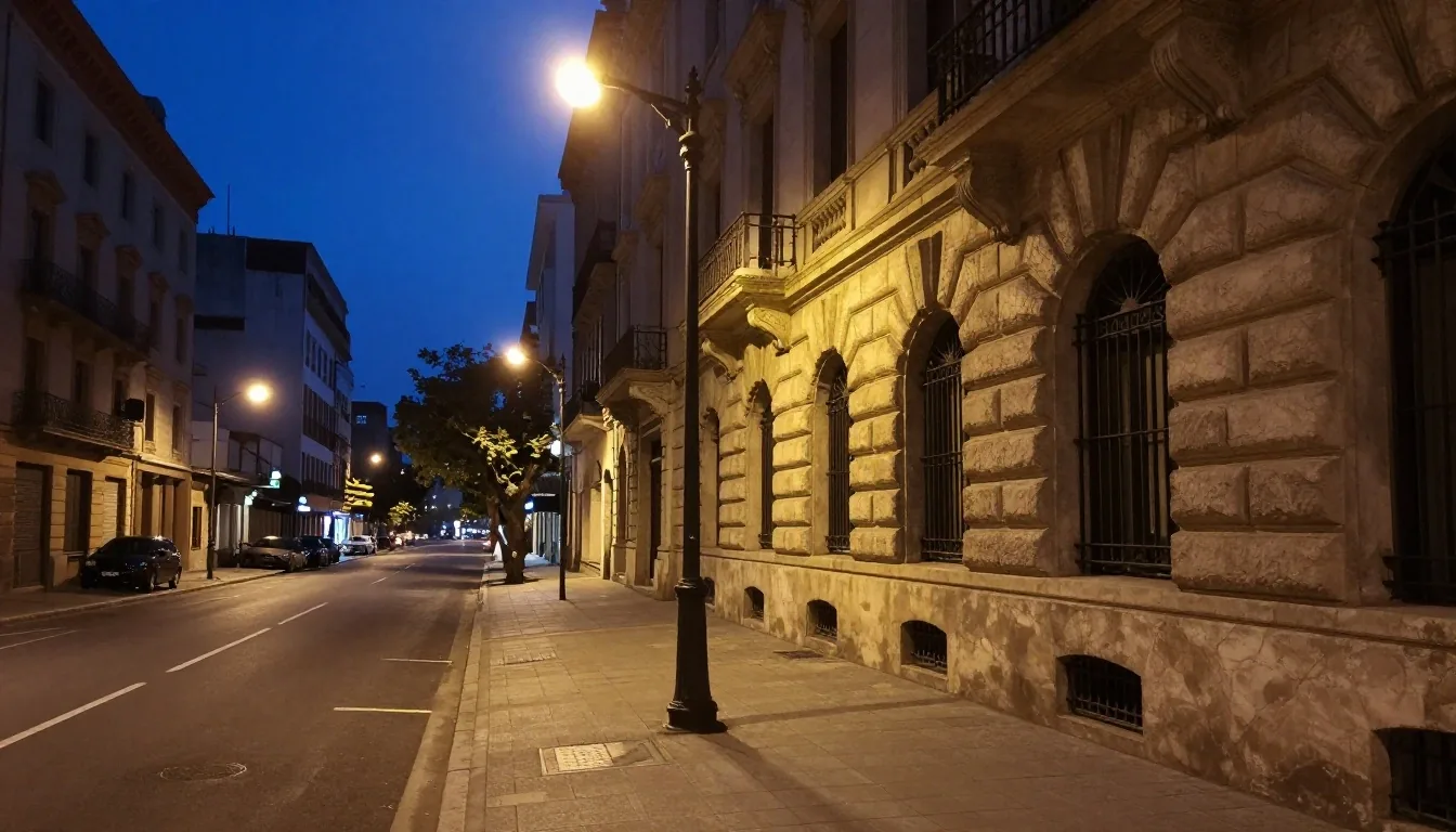 Portal de piedra iluminado de noche en el centro porteño