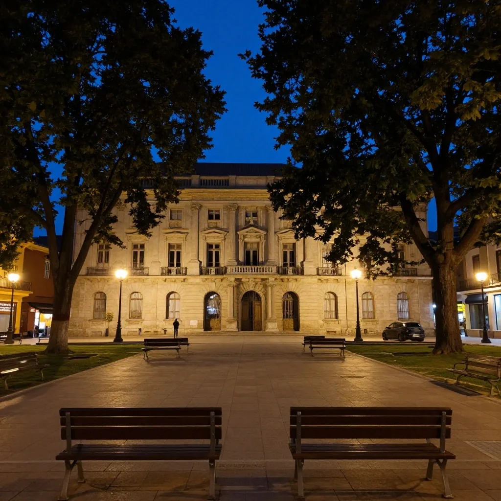 Zona de Tribunales de noche con piedra clara iluminada