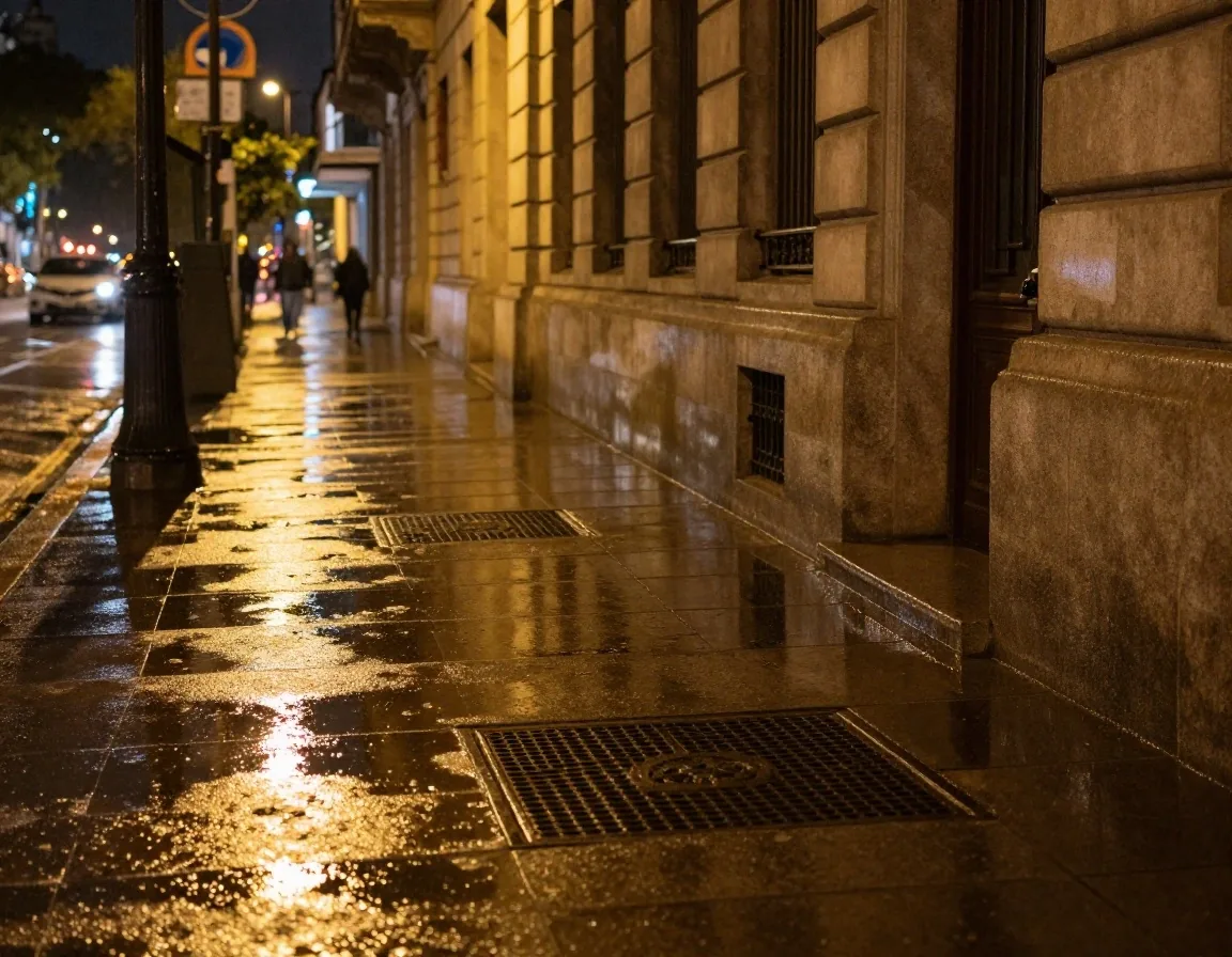 Baldosas de piedra mojada y tapa metálica bajo un farol después de la lluvia