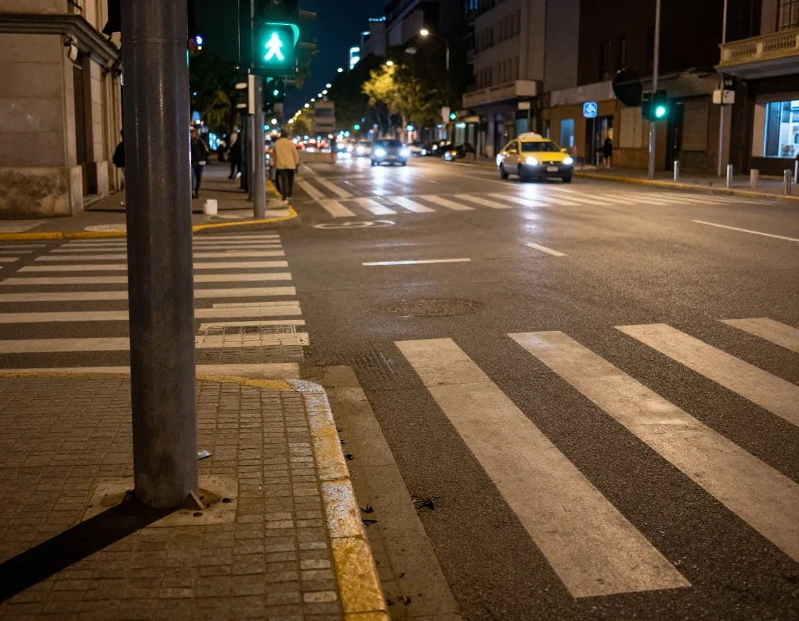 Cruce peatonal amplio sobre una avenida porteña de noche con semáforo en verde