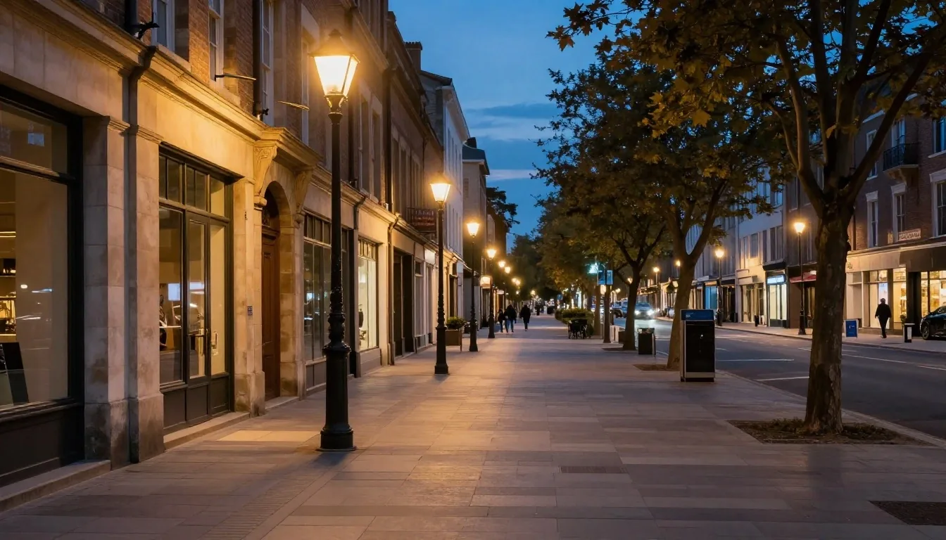 Esquina del centro porteño de noche con carteles encendidos y vereda iluminada