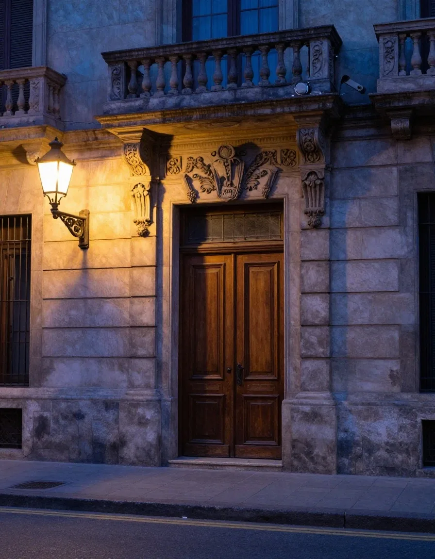 Farol encendido junto a una fachada de piedra sobre Avenida de Mayo a la hora azul