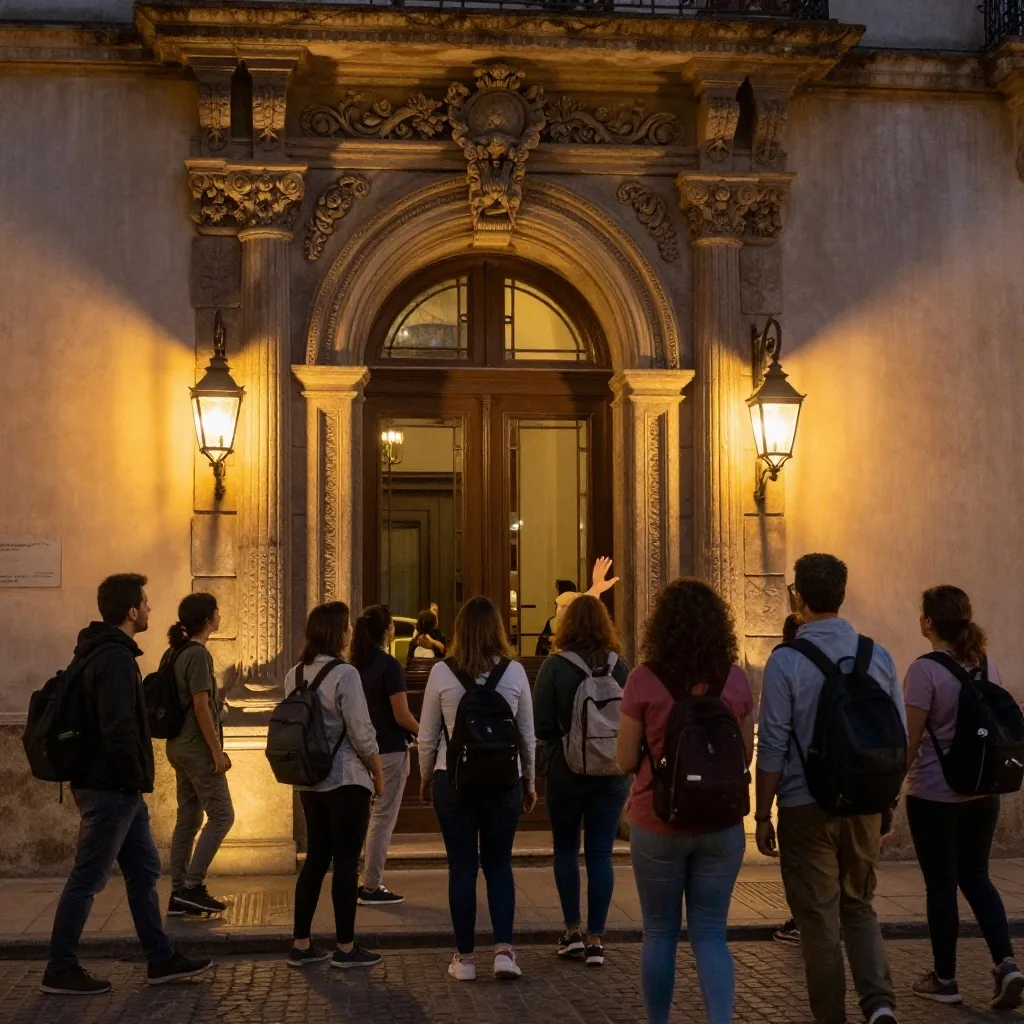 Grupo guiado caminando junto a un portal de piedra iluminado por faroles
