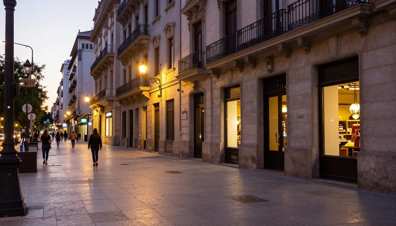 Guía con farol acompañando a caminantes por una vereda iluminada del centro porteño al atardecer