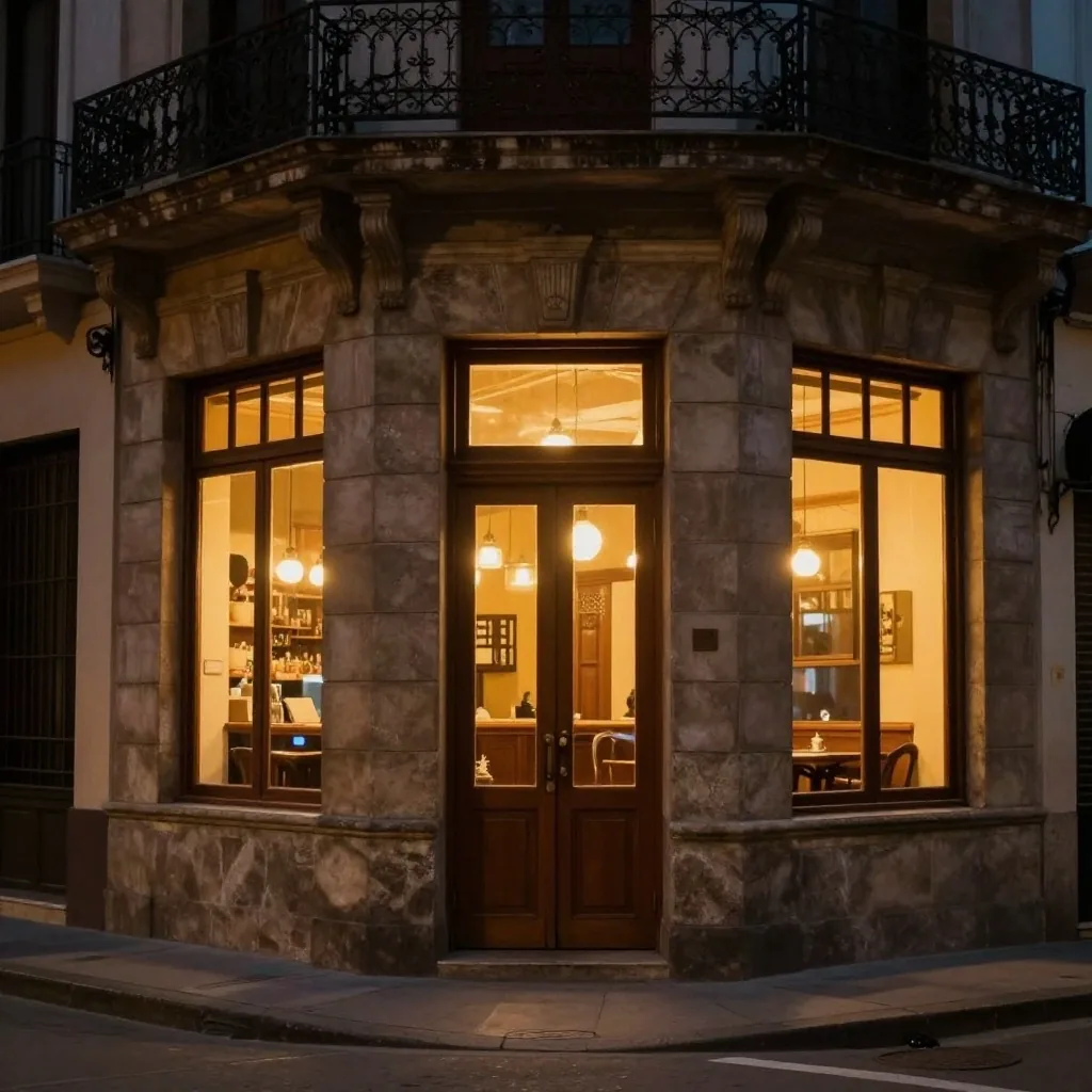 Bar histórico con cartel luminoso y vidrieras cálidas de noche