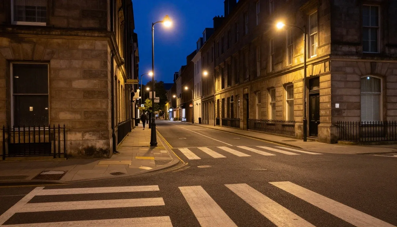 Cruce peatonal iluminado en una avenida del centro de noche
