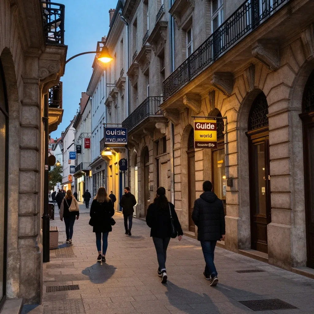 Entrada de galería iluminada en edificio de piedra del centro