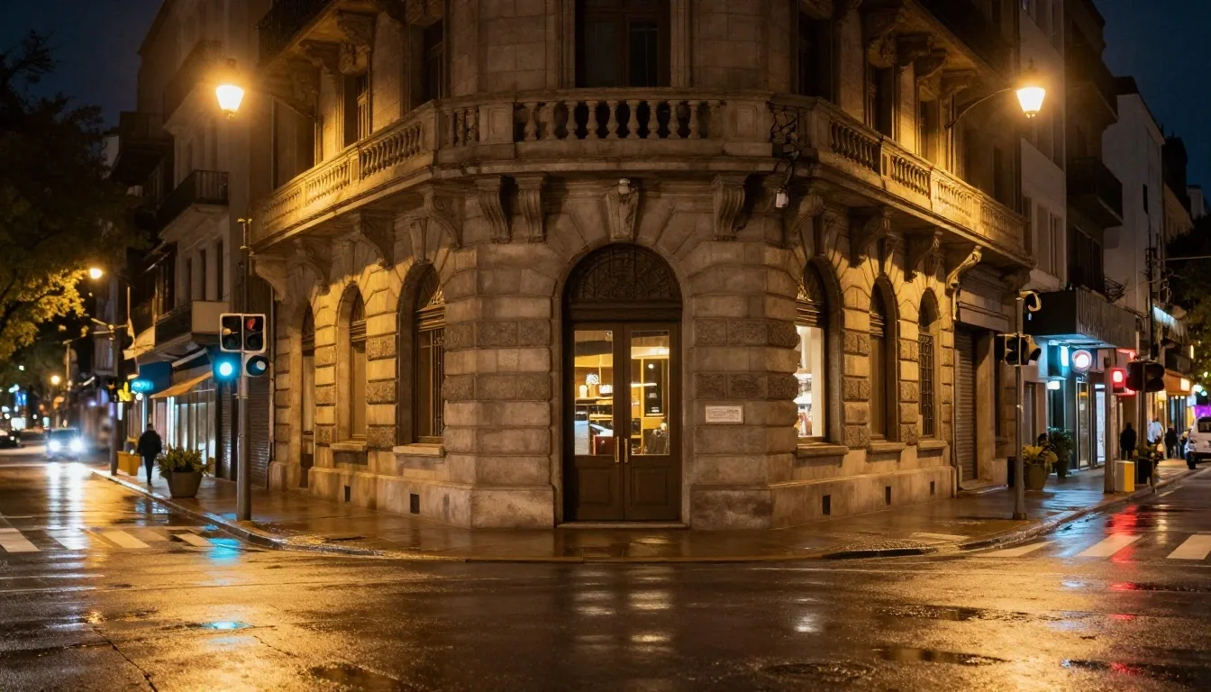 Esquina del centro porteño de noche con placas y letreros iluminados